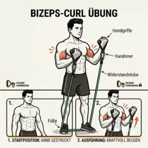 Workout graphic demonstrating a bicep curl using resistance bands with comfortable foam handgriffe.
