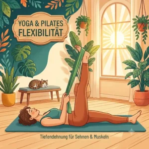 Minimalist illustration of a deep leg stretch demonstrating the flexibility benefits of resistance bands yoga pilates movements.