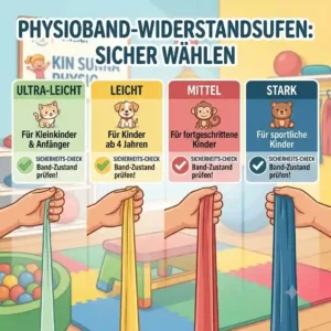 A color-coded chart explaining resistance levels of a physioband für kinder sicher.