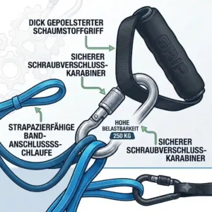 Detail view showing how a karabiner für resistance bands connects a foam handle to the exercise band.