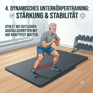 Athlete performing standing band squats on a cushioned resistance band matten for joint stability.