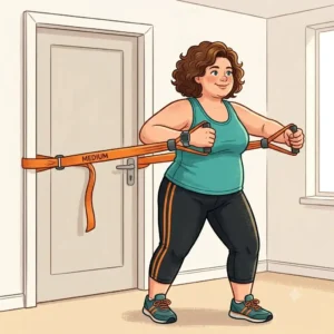 Standing chest press performed with a resistance band übergewicht and door anchor.