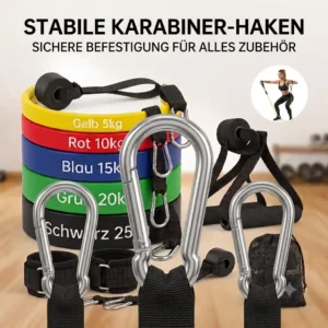 Stabile Metall-Karabinerhaken zum sicheren Wechseln der Bänder im Resistance Bands Zubehör komplett Set.