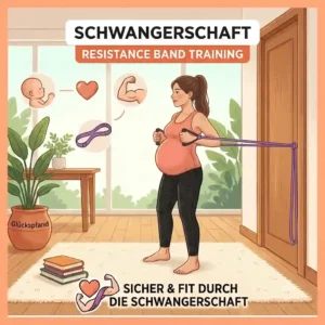 A pregnant woman performing a standing chest press exercise using a door-anchored tube band for schwangerschaft resistance band training.