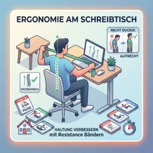 Infografik für eine 5-minütige Bewegungspause im Home Office mit elastischen Fitnessbändern.