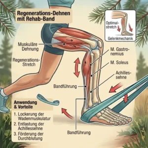 Illustration of a runner performing calf and hamstring stretches with a rehab band für läufer after running.