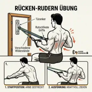 Diagram of a back row workout using a door anchor and handgriffe resistance bands for home fitness.