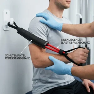 Patient nutzt ein flexibles Schutzmantel Resistance Band für Schulter-Rehabilitationsübungen