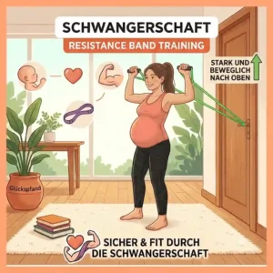 An instructional guide for a seated shoulder press exercise using an elastic band during schwangerschaft resistance band training.