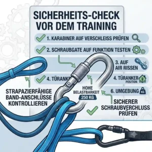 A safety checklist illustration highlighting points to inspect on a karabiner für resistance bands before working out.