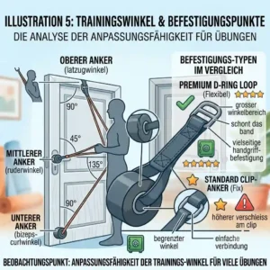 Diagram of various exercise angles and possible workouts enabled by the setup in the resistance band türanker test.