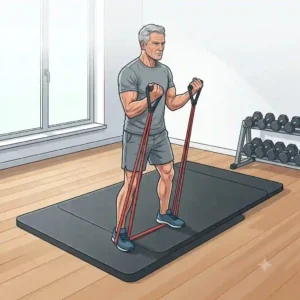 Person doing standing biceps curls anchored firmly on a thick resistance band matten.