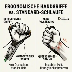 Comparison vector drawing showing the wrist alignment benefits of ergonomic handgriffe resistance bands versus standard straps.