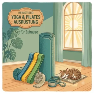 Illustration of a home workout space with a rolled-up mat, a towel, and a kit of resistance bands yoga pilates gear.
