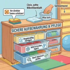 A graphic detailing proper storage and cleaning for a physioband für kinder sicher.
