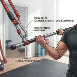 Close-up showing a carabiner clipping securely to a resistance bands stange.