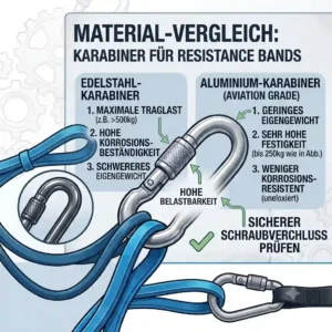 A diagram illustrating a complete home gym setup utilizing a door anchor and karabiner für resistance bands for various exercises.