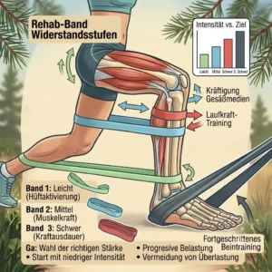 An infographic explaining the different resistance levels and color codes of a rehab band für läufer.