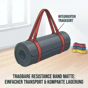 Rolled-up lightweight resistance band matten with a carrying strap for portable workouts.