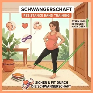 A pregnant woman doing lateral leg raises in a standing position to improve hip stability with schwangerschaft resistance band training.