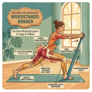 Anatomical illustration highlighting core stability and target muscle groups for resistance bands yoga pilates exercises.