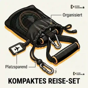 Minimalist illustration of handgriffe resistance bands packed neatly inside a compact mesh travel carry bag.