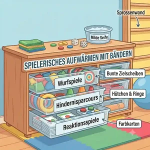 An illustration of children playing a warm-up game with a physioband für kinder sicher.