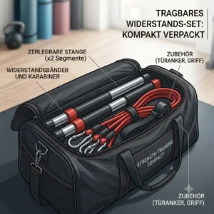 A packed resistance bands stange set inside a travel bag.