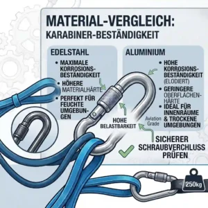 A material comparison chart showing the differences between aluminum and stainless steel karabiner für resistance bands.