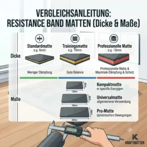Comparison infographic highlighting optimal thickness and dimensions for resistance band matten.