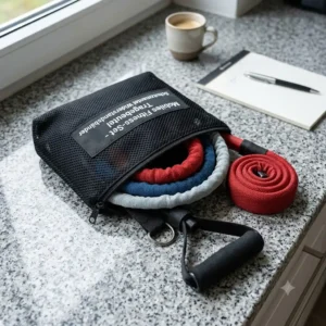 Kompaktes Schutzmantel Resistance Band verpackt in einer leichten Reisetasche für Fitness zu Hause hoặc unterwegs